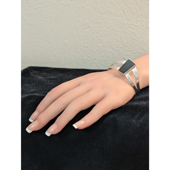 Taxco Mexico 925 Sterling Silver Black Onyx Modernist Split Band Cuff Bracelet - Picture 2 of 9